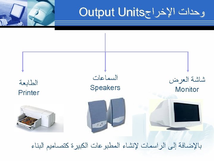  ﻭﺣﺪﺍﺕ ﺍﻹﺧﺮﺍﺝ Output Units ﺷﺎﺷﺔ ﺍﻟﻌﺮﺽ Monitor ﺍﻟﺴﻤﺎﻋﺎﺕ Speakers ﺍﻟﻄﺎﺑﻌﺔ Printer ﺑﺎﻹﺿﺎﻓﺔ ﺇﻟﻰ