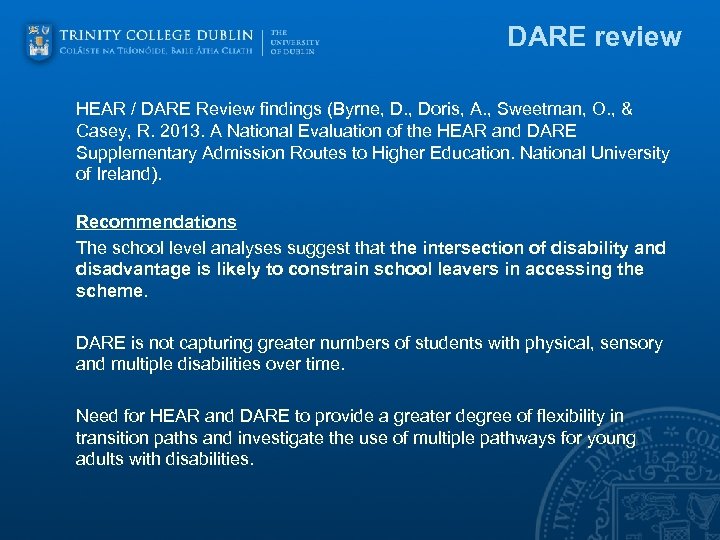 DARE review HEAR / DARE Review findings (Byrne, D. , Doris, A. , Sweetman,