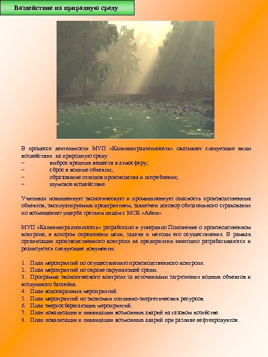 Воздействие на природную среду В процессе деятельности МУП «Калининградтеплосеть» оказывает следующие виды воздействия на