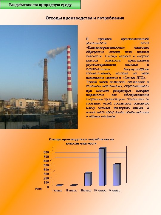 Воздействие на природную среду Отходы производства и потребления В процессе производственной деятельности МУП «Калининградтеплосеть»