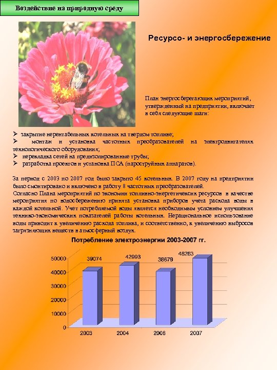 Воздействие на природную среду Ресурсо- и энергосбережение План энергосберегающих мероприятий, утвержденный на предприятии, включает