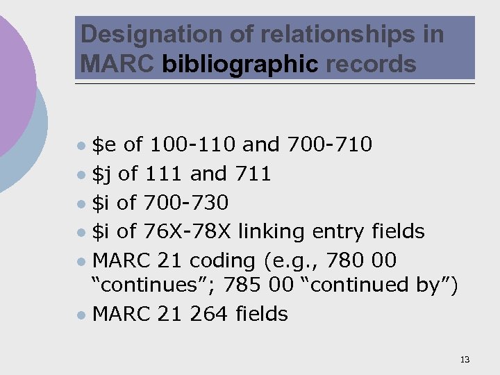 Designation of relationships in MARC bibliographic records $e of 100 -110 and 700 -710