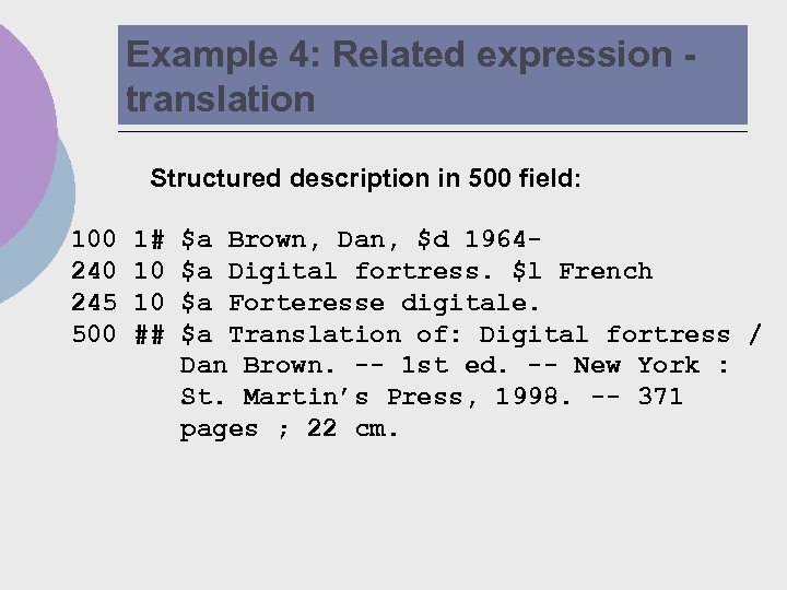 Example 4: Related expression translation Structured description in 500 field: 100 245 500 1#