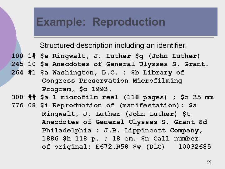 Example: Reproduction Structured description including an identifier: 100 1# $a Ringwalt, J. Luther $q