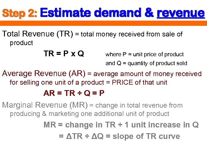 Step 2: Estimate demand & revenue Total Revenue (TR) = total money received from