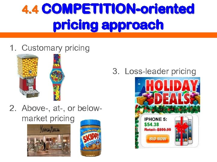 4. 4 COMPETITION-oriented pricing approach 1. Customary pricing 3. Loss-leader pricing 2. Above-, at-,
