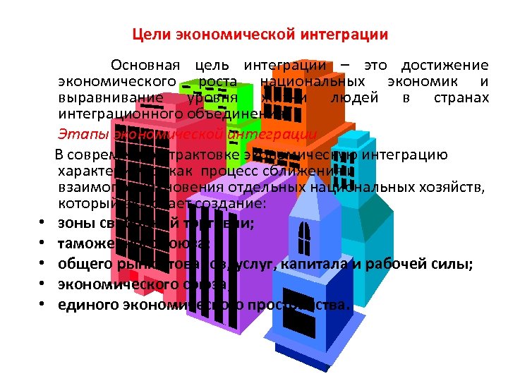 Цели экономической интеграции Основная цель интеграции – это достижение экономического роста национальных экономик и