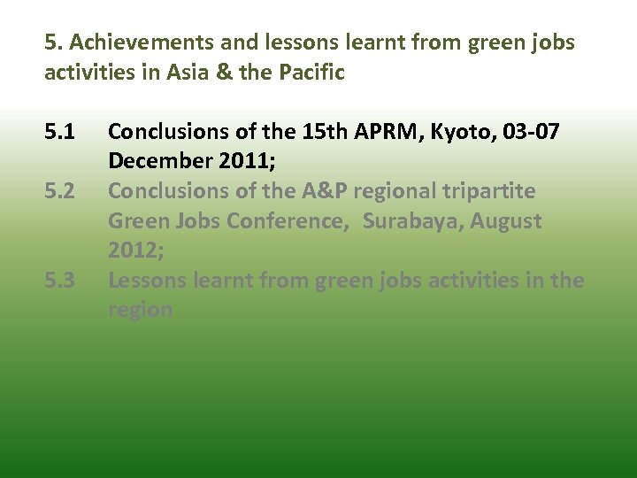 5. Achievements and lessons learnt from green jobs activities in Asia & the Pacific