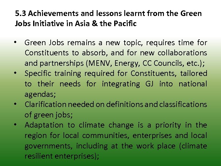 5. 3 Achievements and lessons learnt from the Green Jobs Initiative in Asia &