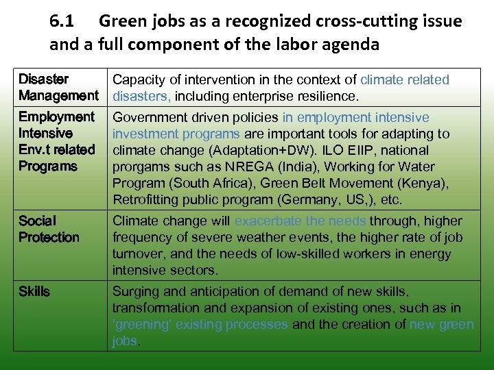 6. 1 Green jobs as a recognized cross-cutting issue and a full component of
