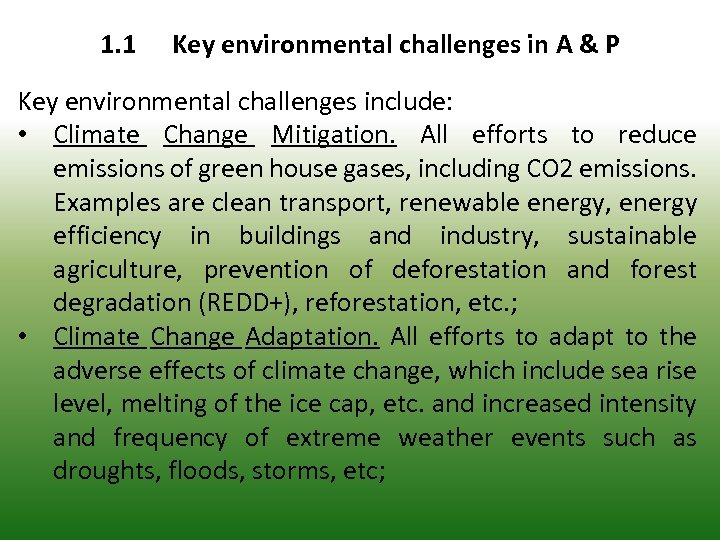 1. 1 Key environmental challenges in A & P Key environmental challenges include: •