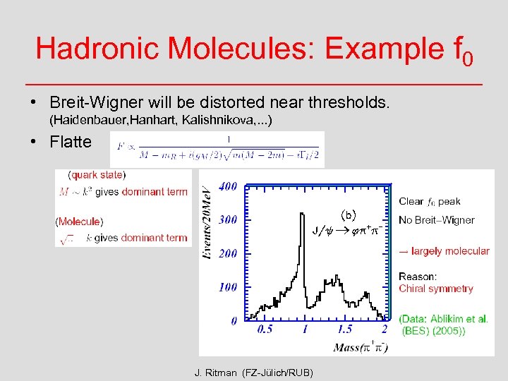 Hadronic Molecules: Example f 0 • Breit-Wigner will be distorted near thresholds. (Haidenbauer, Hanhart,