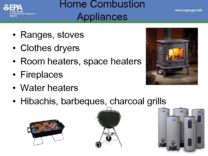 Home Combustion Appliances • • • Ranges, stoves Clothes dryers Room heaters, space heaters
