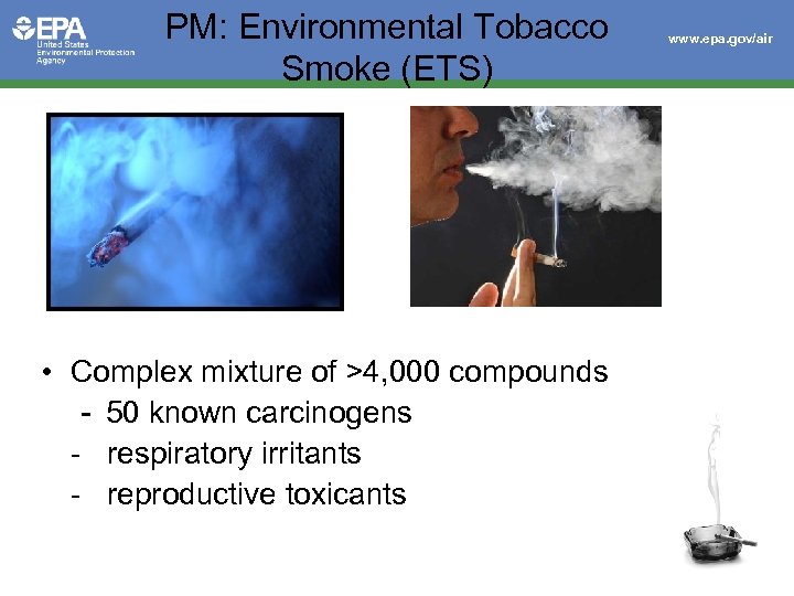PM: Environmental Tobacco Smoke (ETS) • Complex mixture of >4, 000 compounds - 50