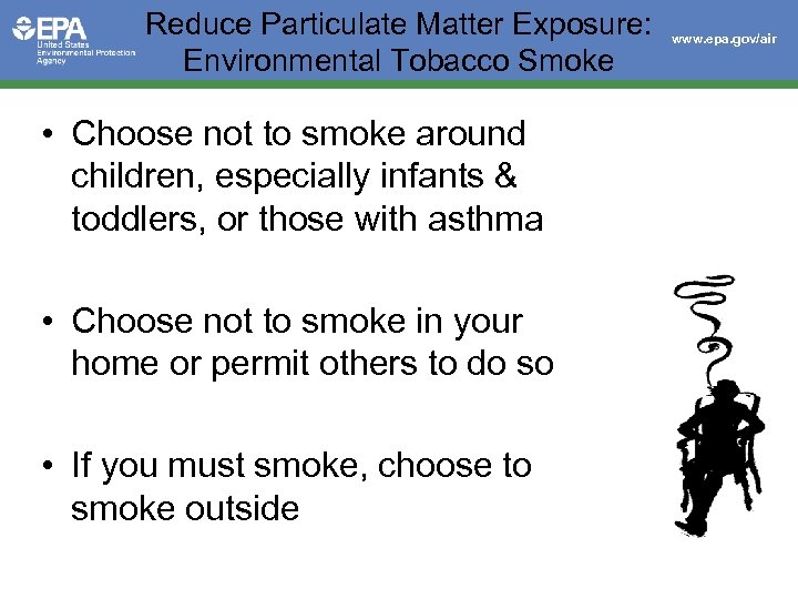Reduce Particulate Matter Exposure: Environmental Tobacco Smoke • Choose not to smoke around children,