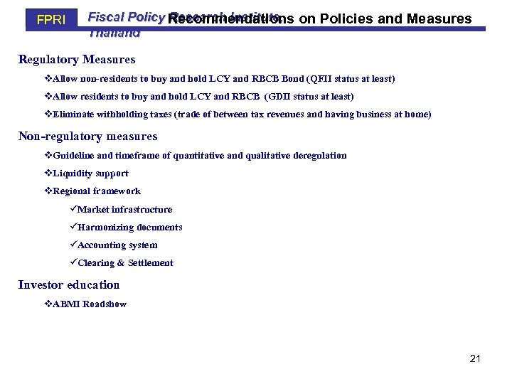 FPRI Fiscal Policy Recommendations on Policies and Measures Research Institute, Thailand Regulatory Measures v.