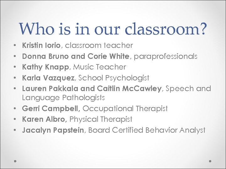 Who is in our classroom? Kristin Iorio, classroom teacher Donna Bruno and Corie White,