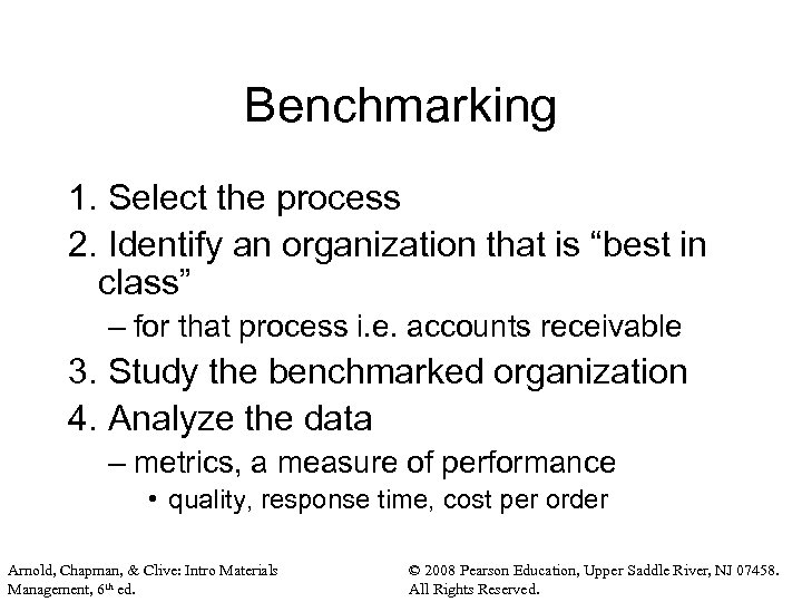 Benchmarking 1. Select the process 2. Identify an organization that is “best in class”