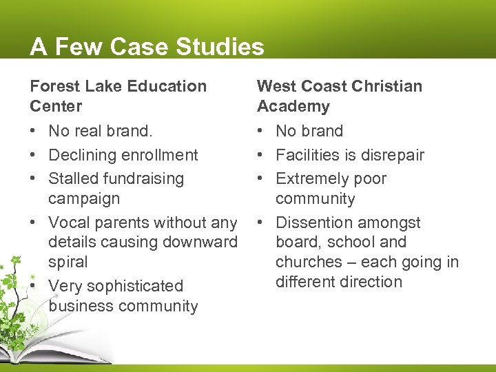 A Few Case Studies Forest Lake Education Center West Coast Christian Academy • No