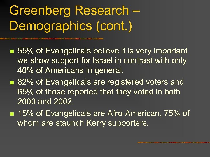 Greenberg Research – Demographics (cont. ) n n n 55% of Evangelicals believe it