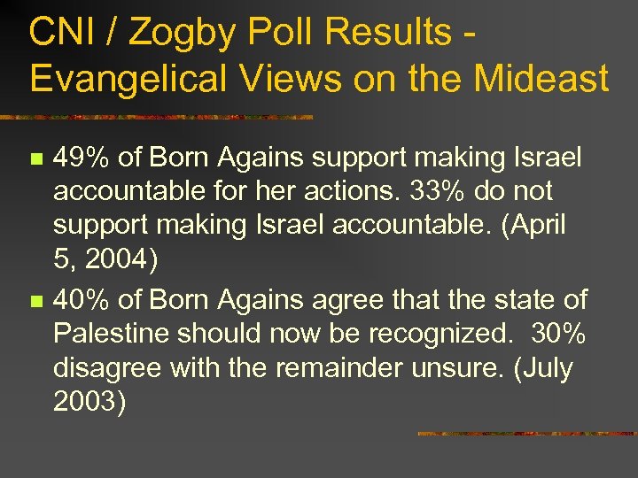 CNI / Zogby Poll Results Evangelical Views on the Mideast n n 49% of