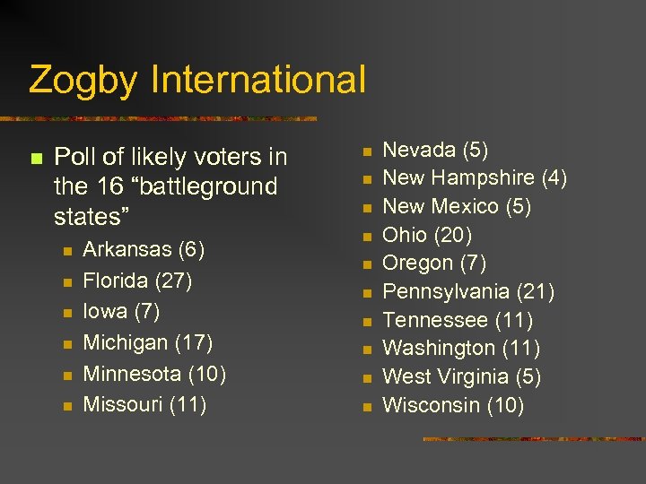 Zogby International n Poll of likely voters in the 16 “battleground states” n n