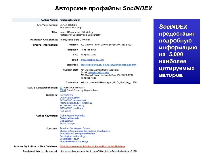 Авторские профайлы Soc. INDEX предоставит подробную информацию на 5, 000 наиболее цитируемых авторов 