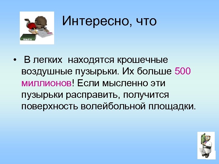 Интересно, что • В легких находятся крошечные воздушные пузырьки. Их больше 500 миллионов! Если