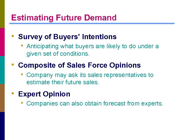 Estimating Future Demand • Survey of Buyers’ Intentions • Anticipating what buyers are likely