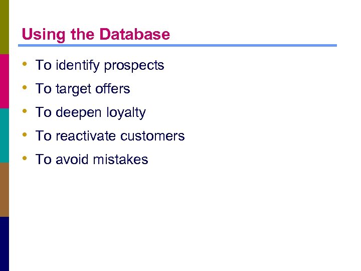 Using the Database • • • To identify prospects To target offers To deepen