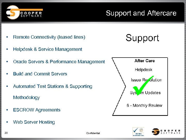 Support and Aftercare • Remote Connectivity (leased lines) • Helpdesk & Service Management •