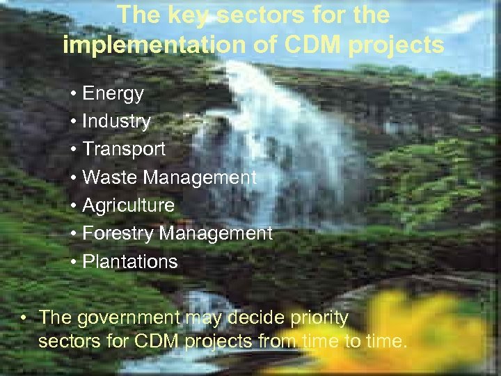 The key sectors for the implementation of CDM projects • Energy • Industry •