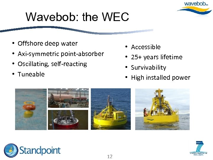 Wavebob: the WEC • Offshore deep water • Axi-symmetric point-absorber • Oscillating, self-reacting •