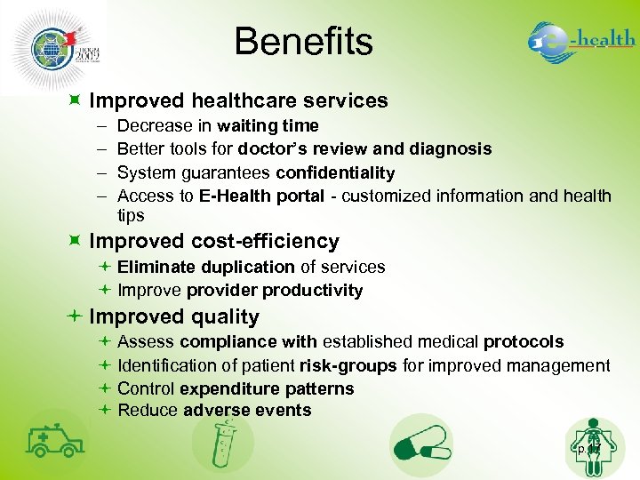 Benefits ÷ Improved healthcare services – – Decrease in waiting time Better tools for