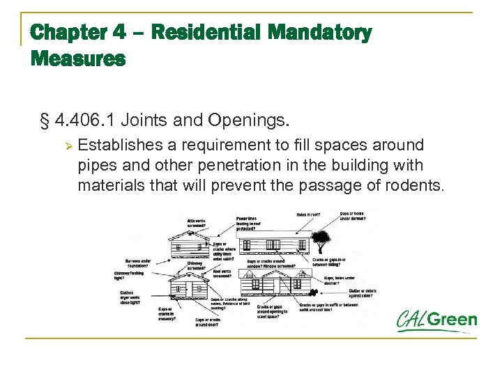 Chapter 4 – Residential Mandatory Measures § 4. 406. 1 Joints and Openings. Ø