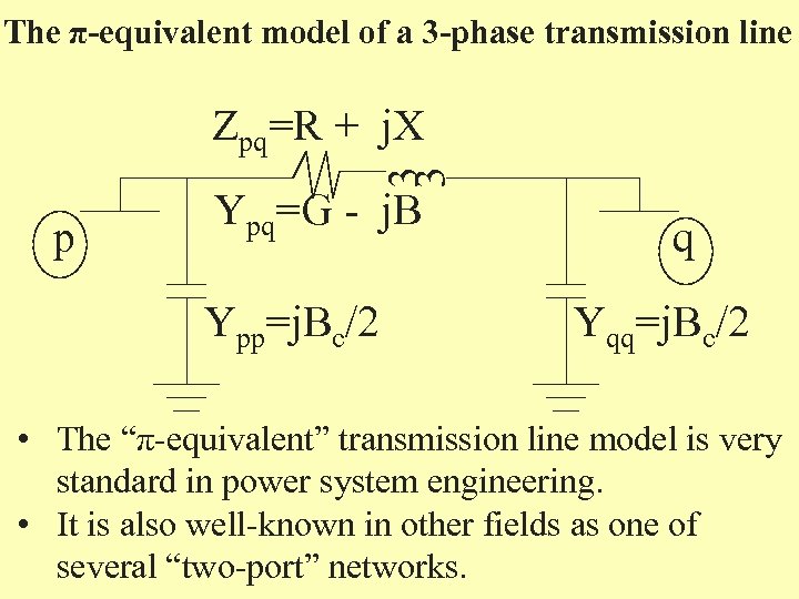 The π-equivalent model of a 3 -phase transmission line 3 3 Zpq=R + j.