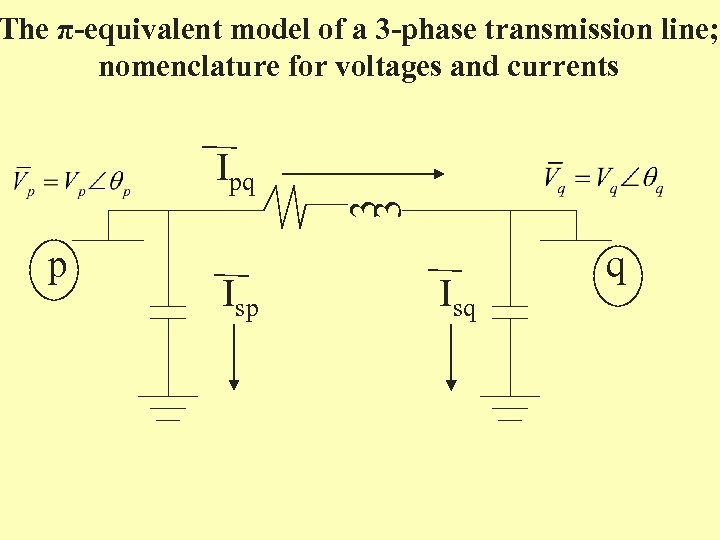 The π-equivalent model of a 3 -phase transmission line; nomenclature for voltages and currents