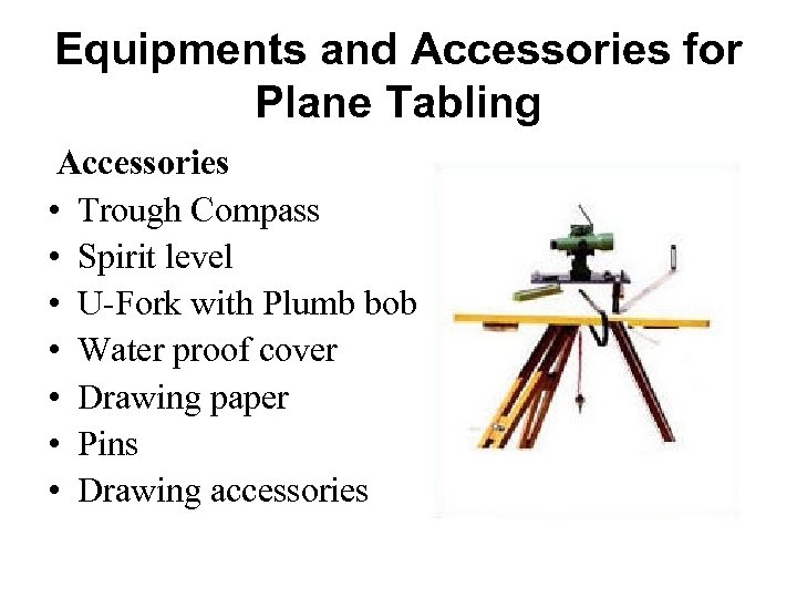 Equipments and Accessories for Plane Tabling Accessories • Trough Compass • Spirit level •