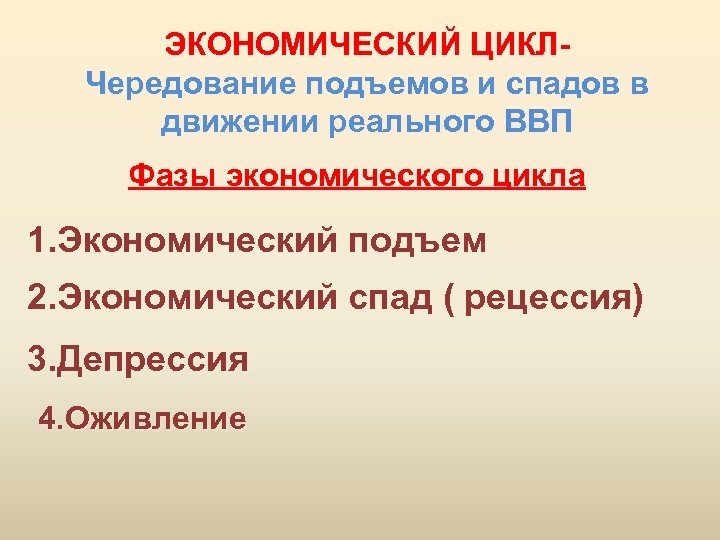 ЭКОНОМИЧЕСКИЙ ЦИКЛЧередование подъемов и спадов в движении реального ВВП Фазы экономического цикла 1. Экономический