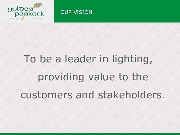 OUR VISION To be a leader in lighting, providing value to the customers and