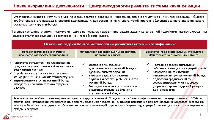 Новое направление деятельности – Центр методологии развития системы квалификации Стратегические задачи группы Фонда -