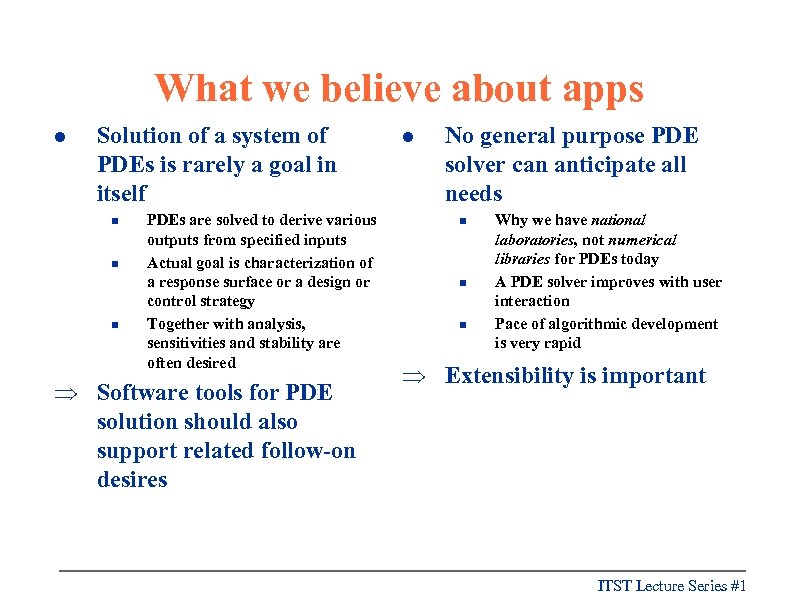 What we believe about apps l Solution of a system of PDEs is rarely