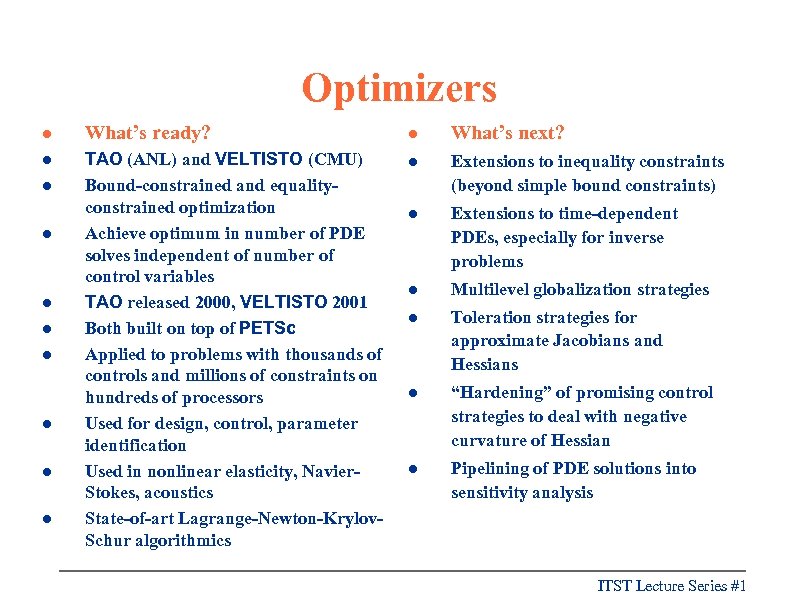 Optimizers l What’s ready? l What’s next? l TAO (ANL) and VELTISTO (CMU) Bound-constrained