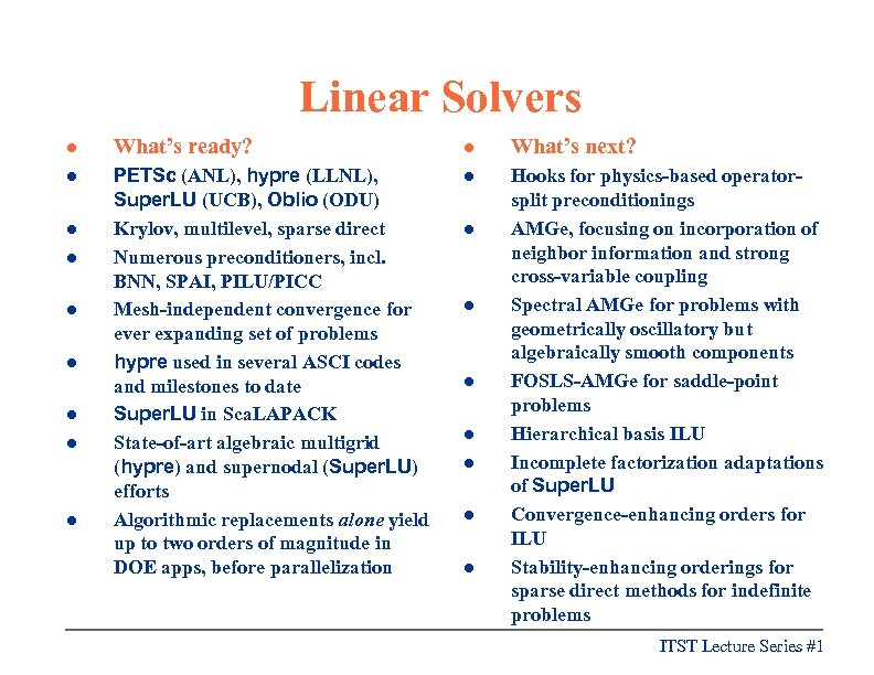 Linear Solvers l What’s ready? l What’s next? l PETSc (ANL), hypre (LLNL), Super.