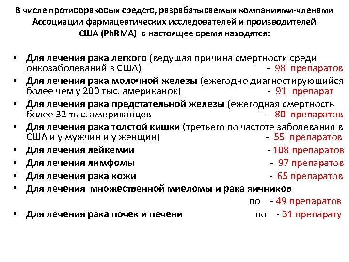 В числе противораковых средств, разрабатываемых компаниями-членами Ассоциации фармацевтических исследователей и производителей США (Ph. RMA)