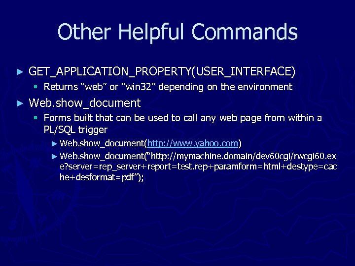Other Helpful Commands ► GET_APPLICATION_PROPERTY(USER_INTERFACE) § Returns “web” or “win 32” depending on the