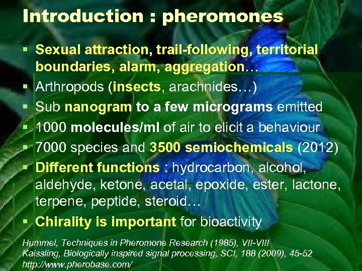 Introduction : pheromones § Sexual attraction, trail-following, territorial boundaries, alarm, aggregation… § Arthropods (insects,