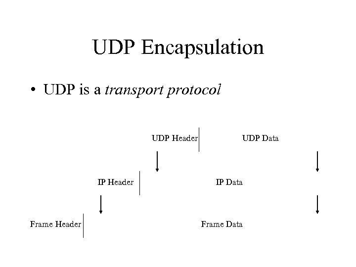 UDP Encapsulation • UDP is a transport protocol UDP Header IP Header Frame Header