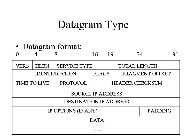 Datagram Type • Datagram format: 0 4 8 VERS HLEN 19 SERVICE TYPE IDENTIFICATION
