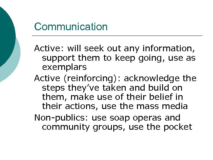 Communication Active: will seek out any information, support them to keep going, use as